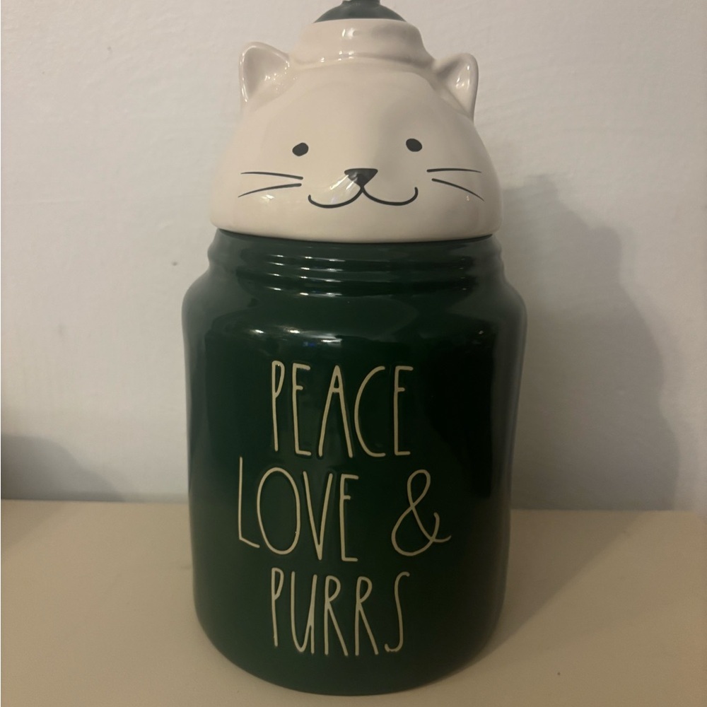 Rae Dunn Green Cat Canister Peace Love & Purrs